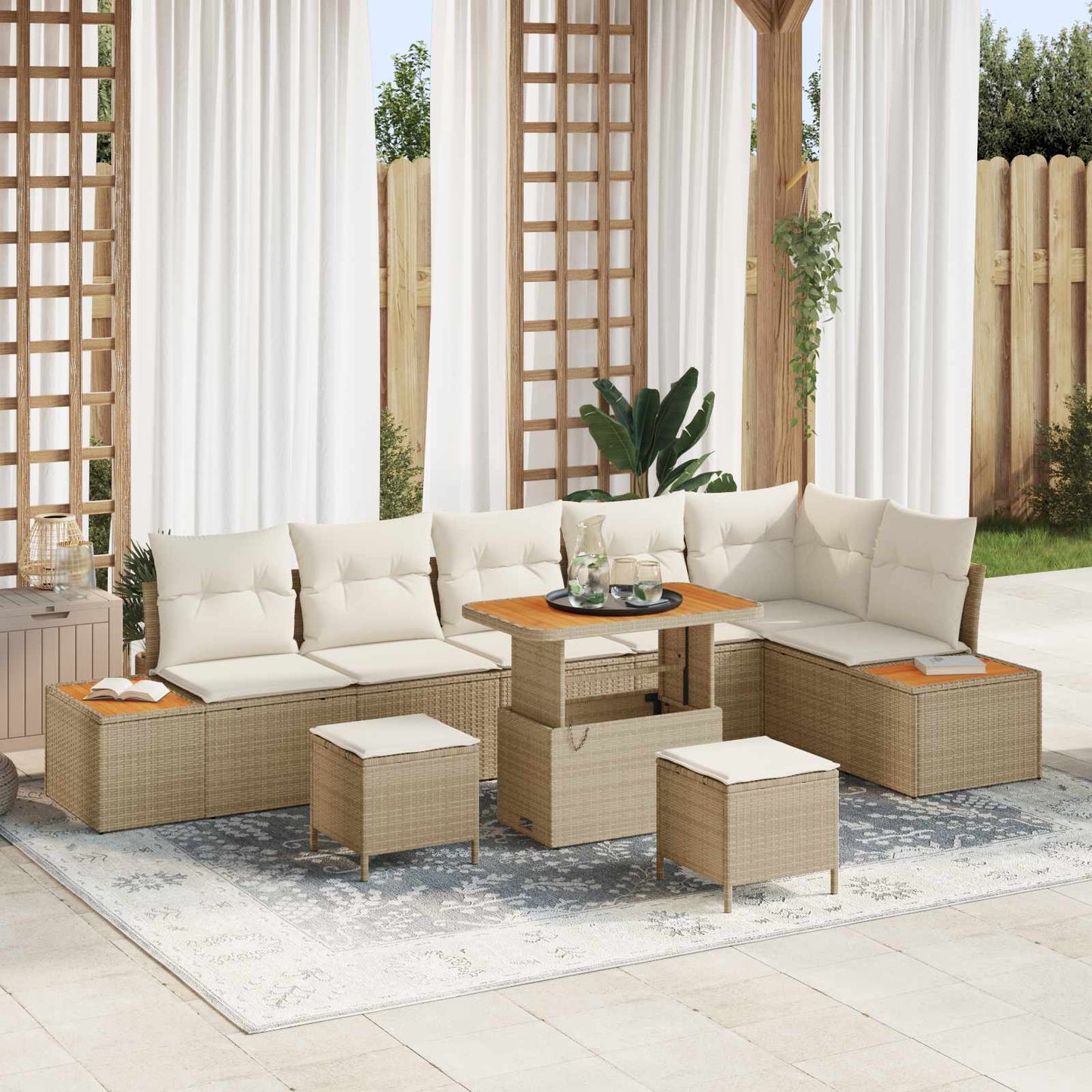 Set Divano da Giardino con cuscino 9 pcs Beige e Crema | homemem39