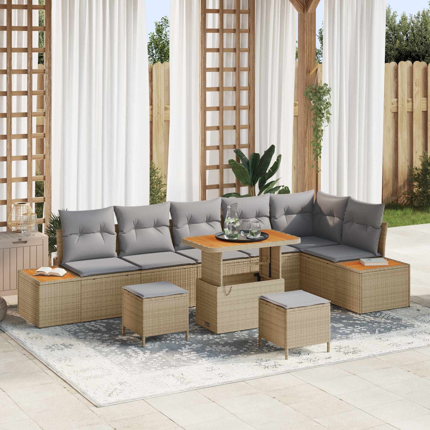 Set Divano da Giardino con cuscino 9 pcs Beige e Grigio Chiaro | homemem39