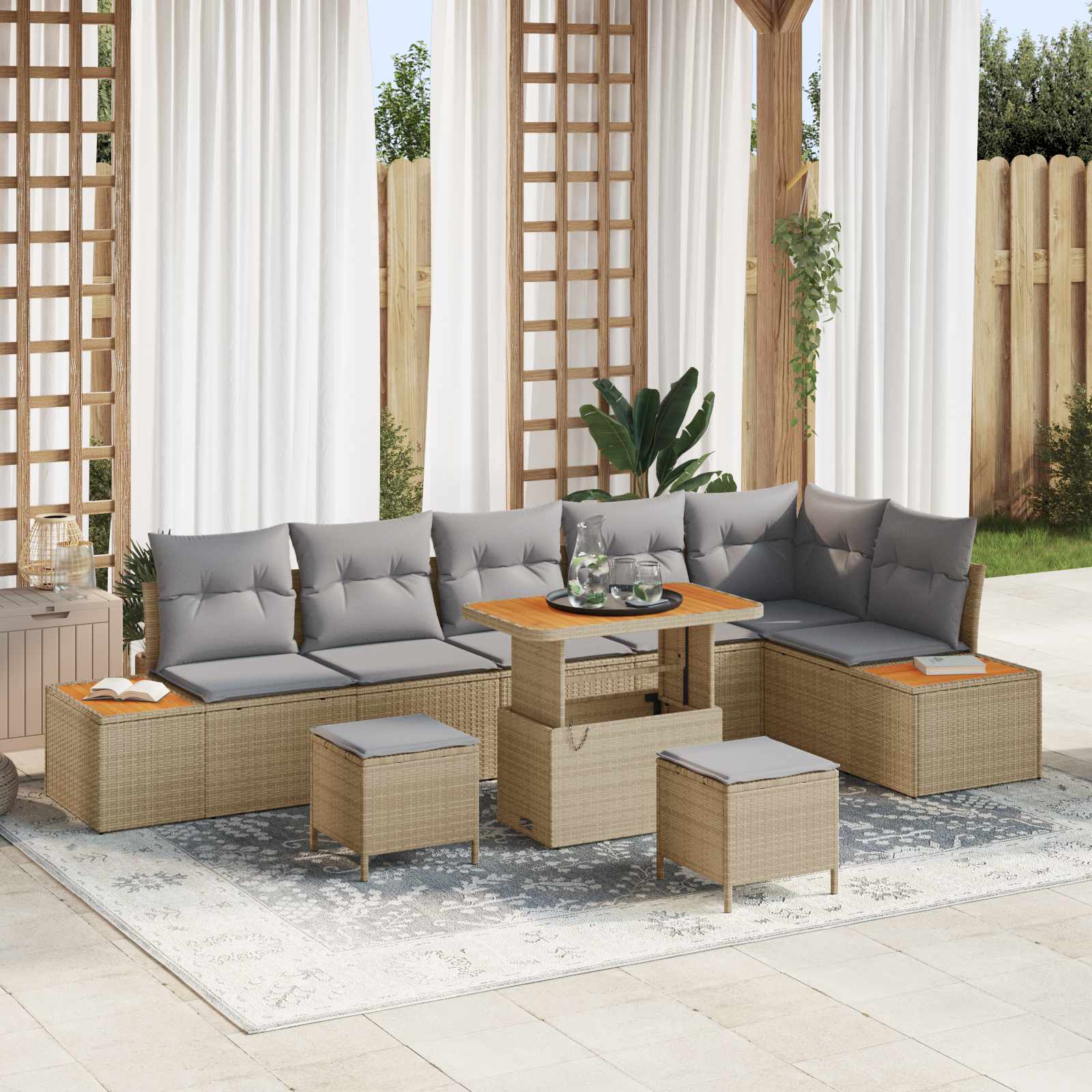 Set Divano da Giardino con cuscino 9 pcs Beige e Grigio Chiaro | homemem39