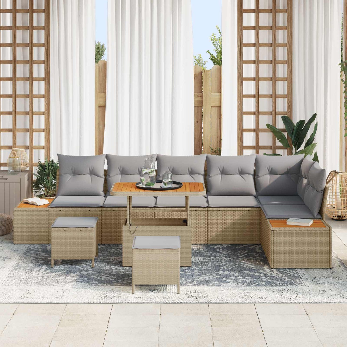 Set Divano da Giardino con cuscino 9 pcs Beige e Grigio Chiaro | homemem39