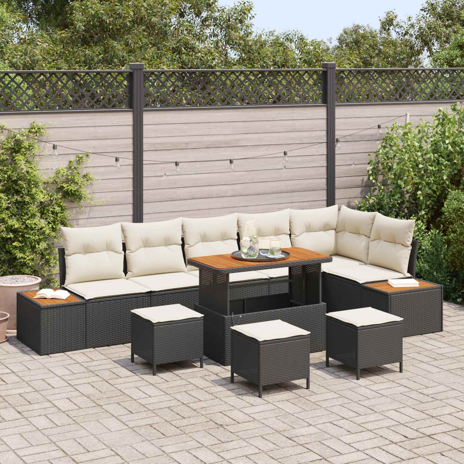 Set Divano da Giardino con cuscino 10 pcs Nero e Crema | homemem39