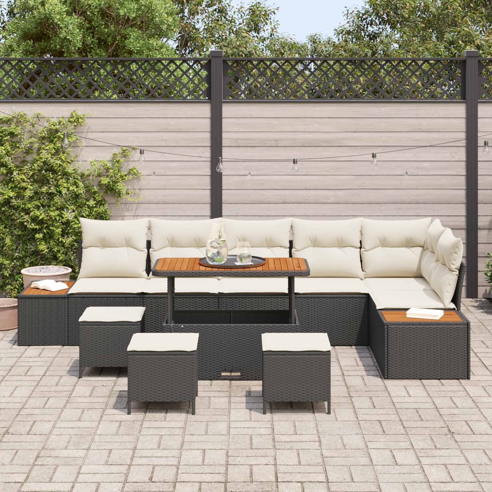 Set Divano da Giardino con cuscino 10 pcs Nero e Crema | homemem39