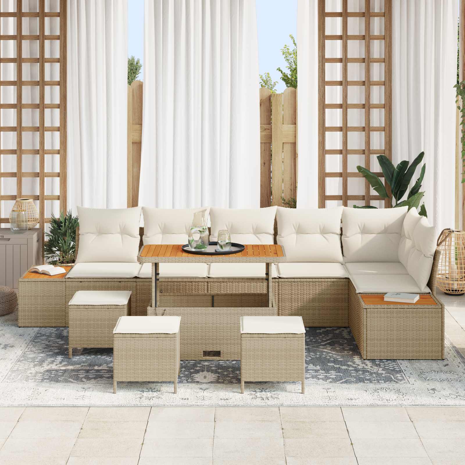 Set Divano da Giardino con cuscino 10 pcs Beige e Crema | homemem39