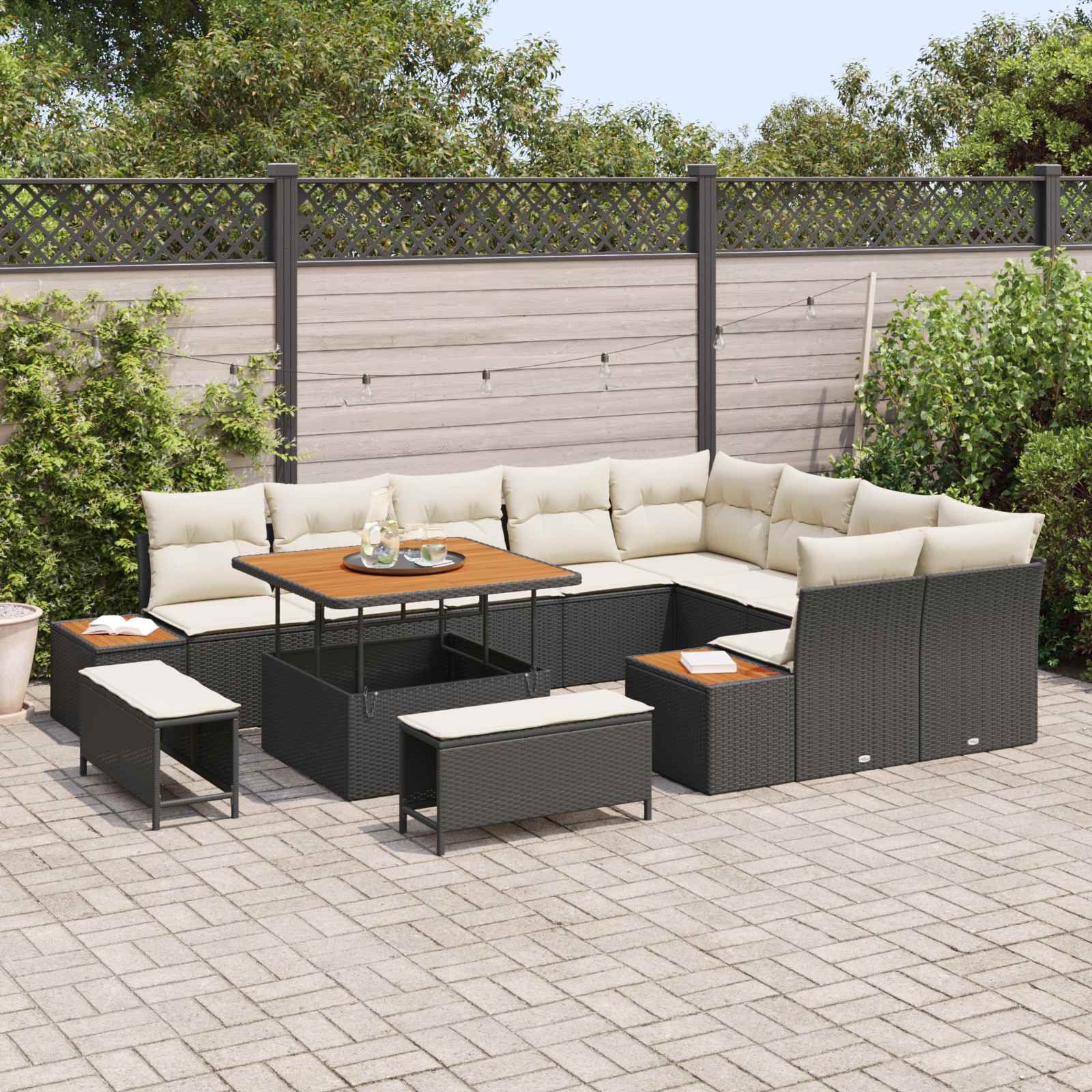 Set Divano da Giardino con cuscino 12 pcs Nero e Crema | homemem39