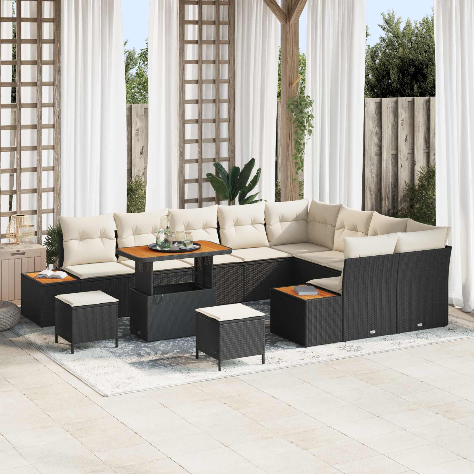 Set Divano da Giardino con cuscino 12 pcs Nero e Crema | homemem39