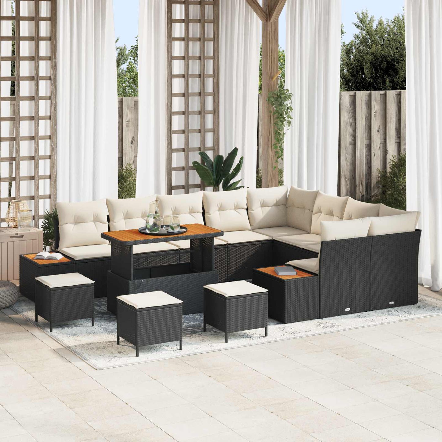 Set Divano da Giardino con cuscino 13 pcs Nero e Crema | homemem39