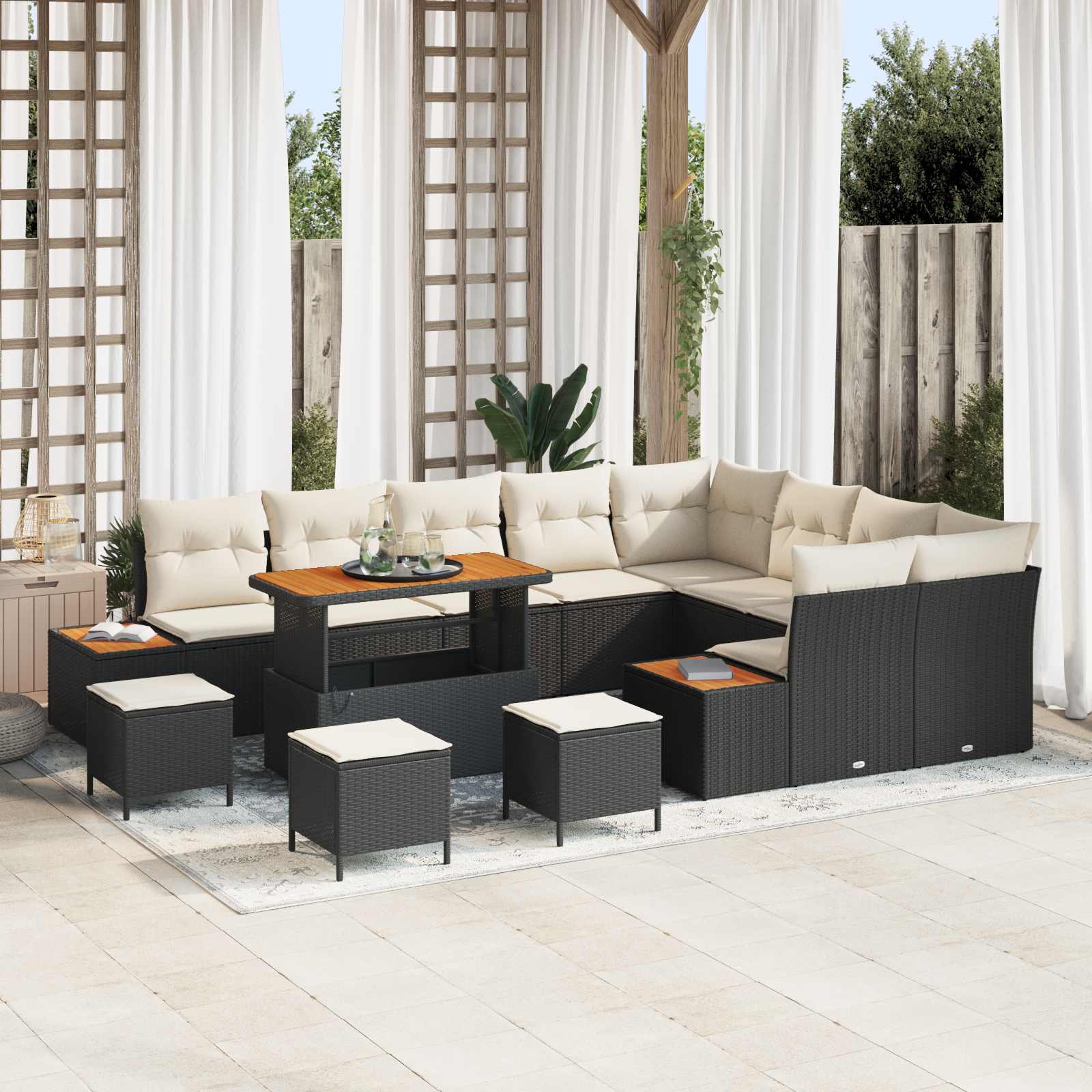 Set Divano da Giardino con cuscino 13 pcs Nero e Crema | homemem39