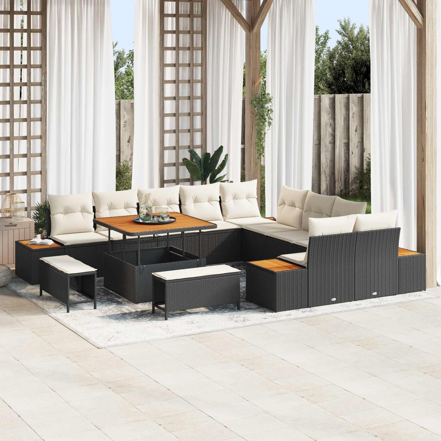 Set Divano da Giardino con cuscino 13 pcs Nero e Crema | homemem39