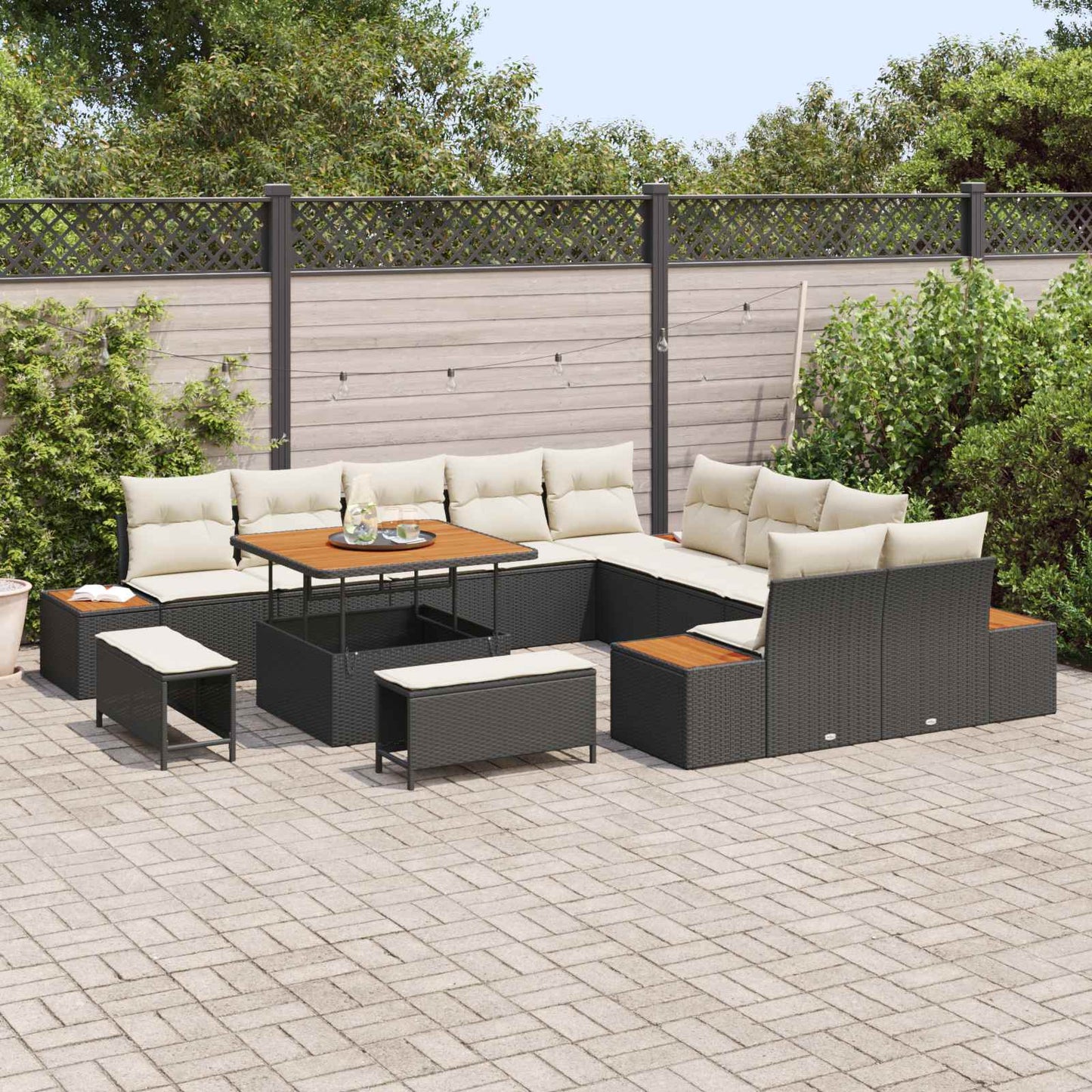 Set Divano da Giardino con cuscino 13 pcs Nero e Crema | homemem39