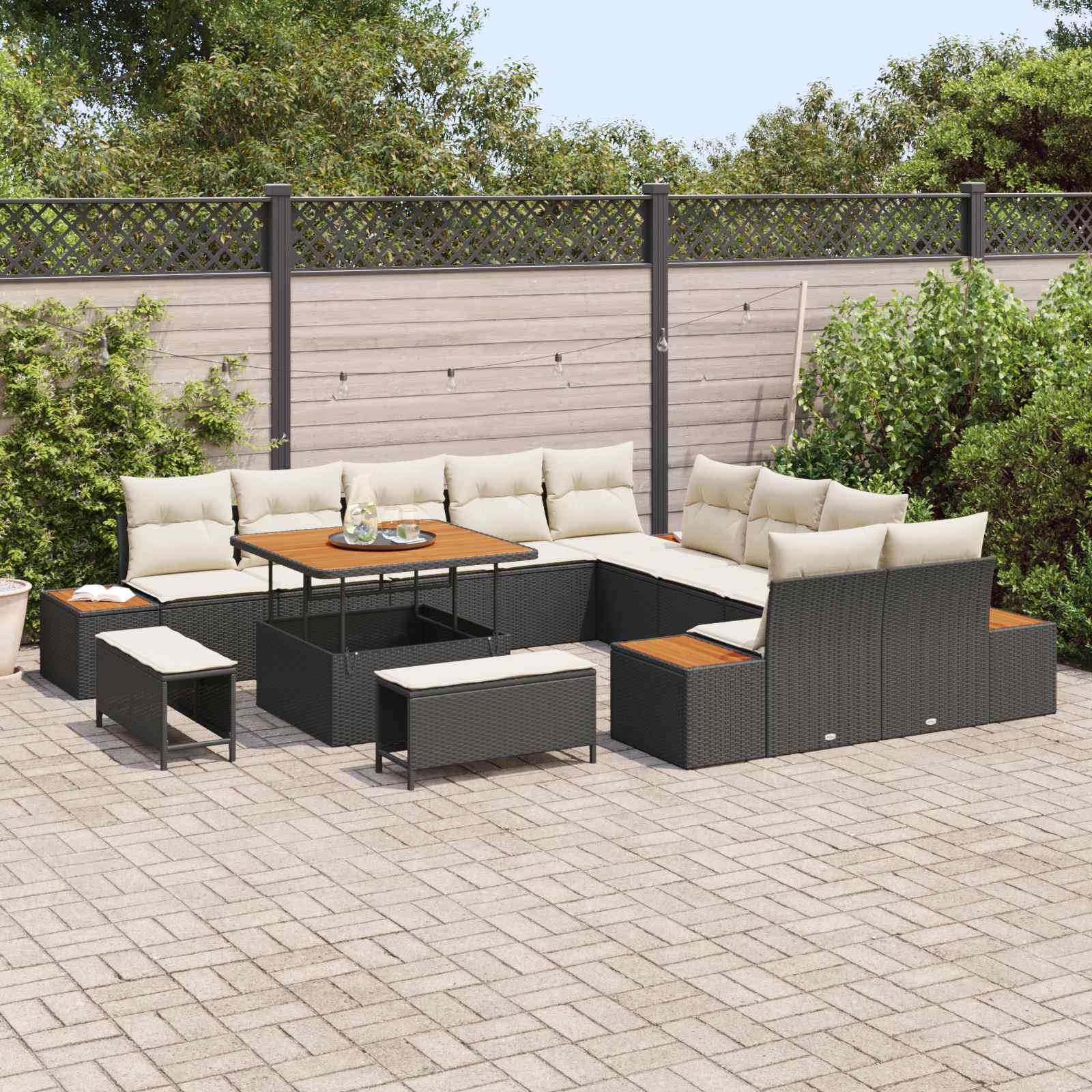 Set Divano da Giardino con cuscino 13 pcs Nero e Crema | homemem39