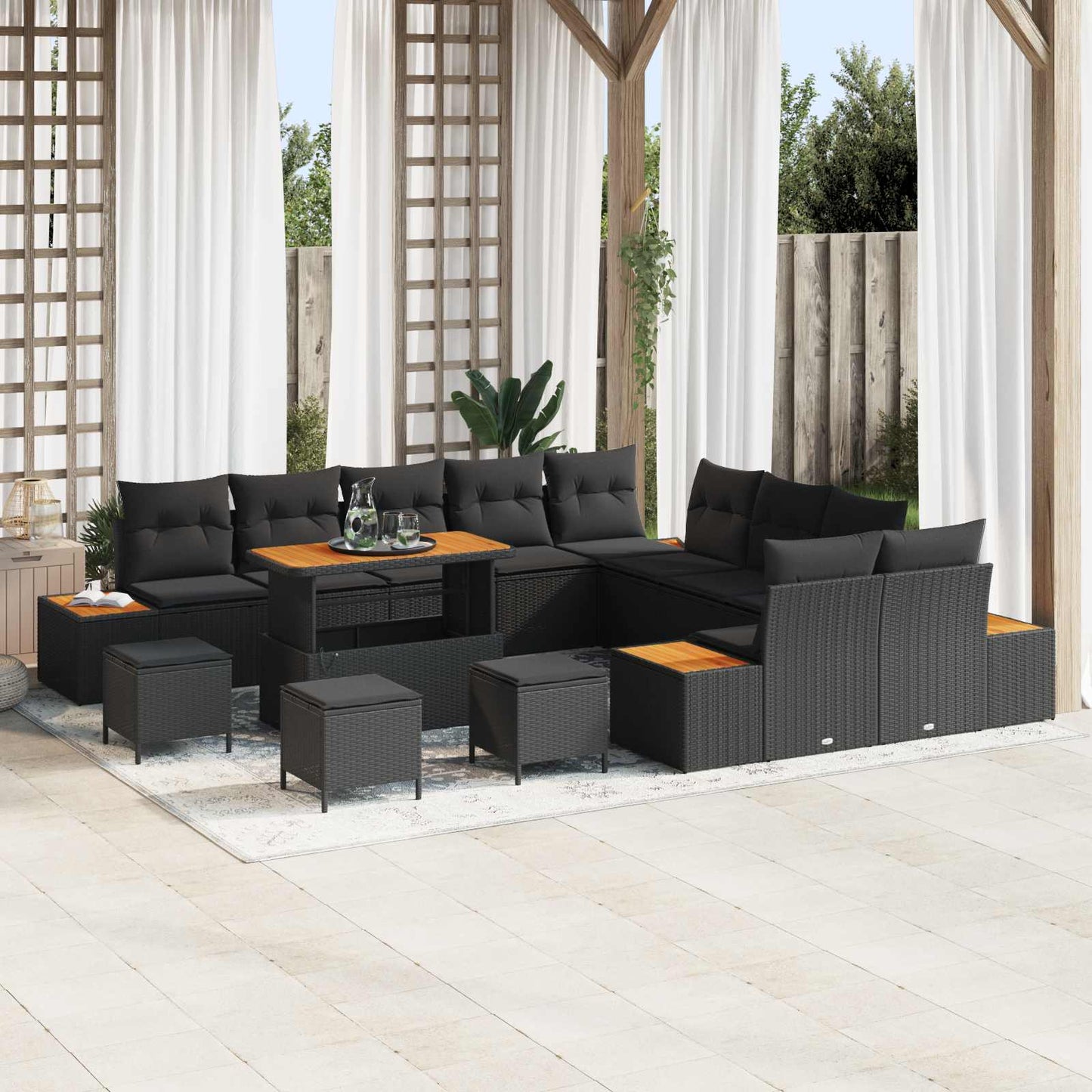 Set Divano da Giardino con cuscino 14 pcs Nero
