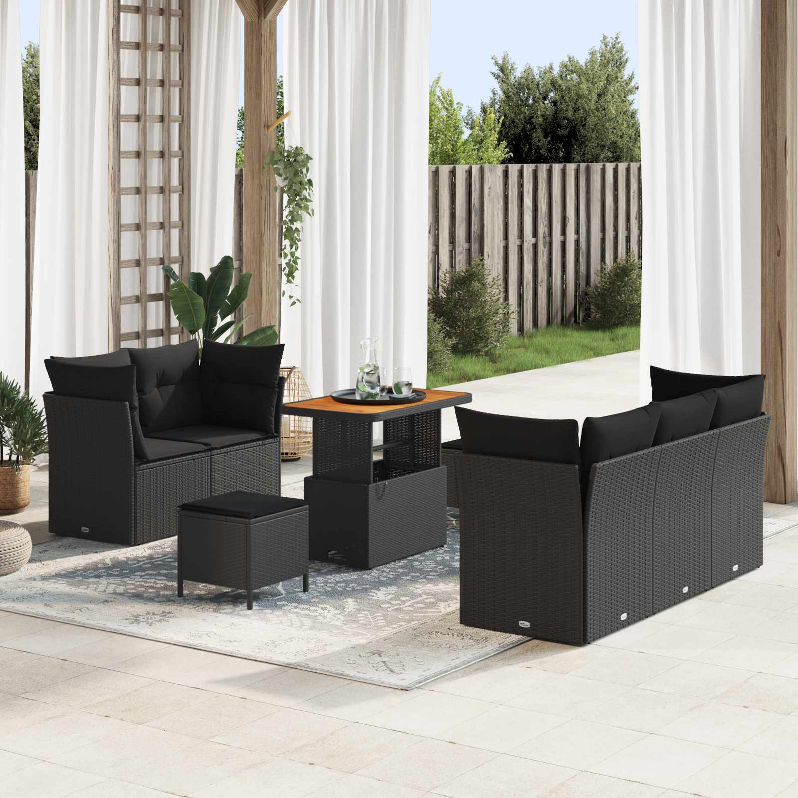 Set Divano da Giardino con cuscino con archiviazione 8 pcs Nero | homemem39