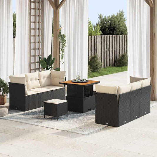 Set Divano da Giardino 9 pcs Nero e Crema polyrattan