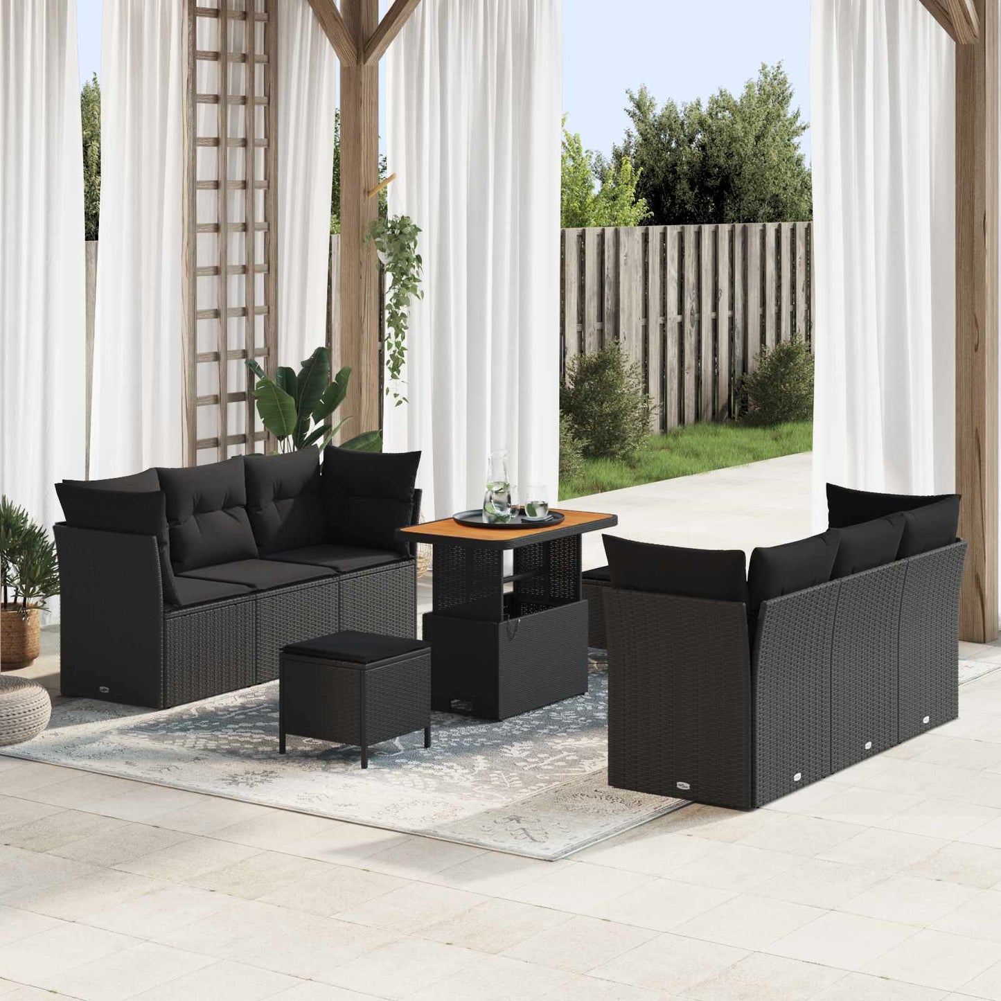 Set Divano da Giardino con cuscino 9 pcs Nero polyrattan | homemem39