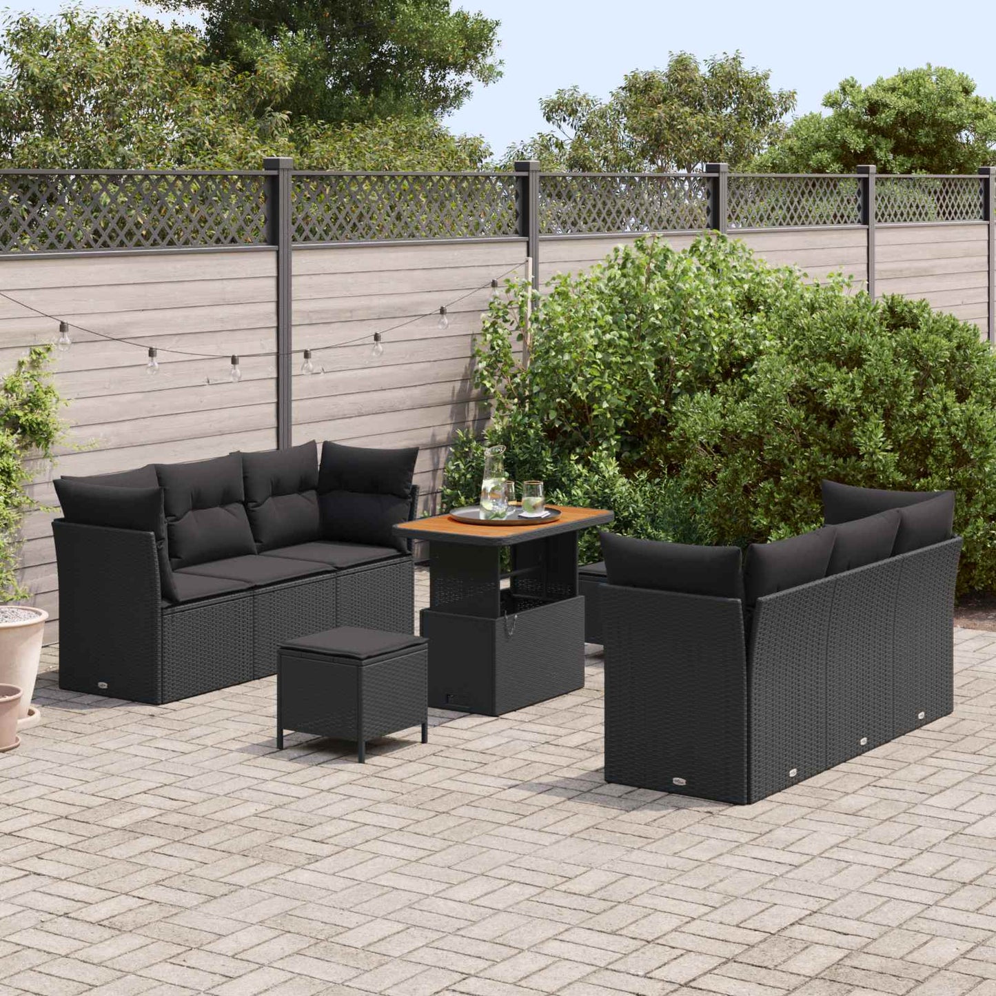 Set Divano da Giardino con cuscino 9 pcs Nero polyrattan | homemem39