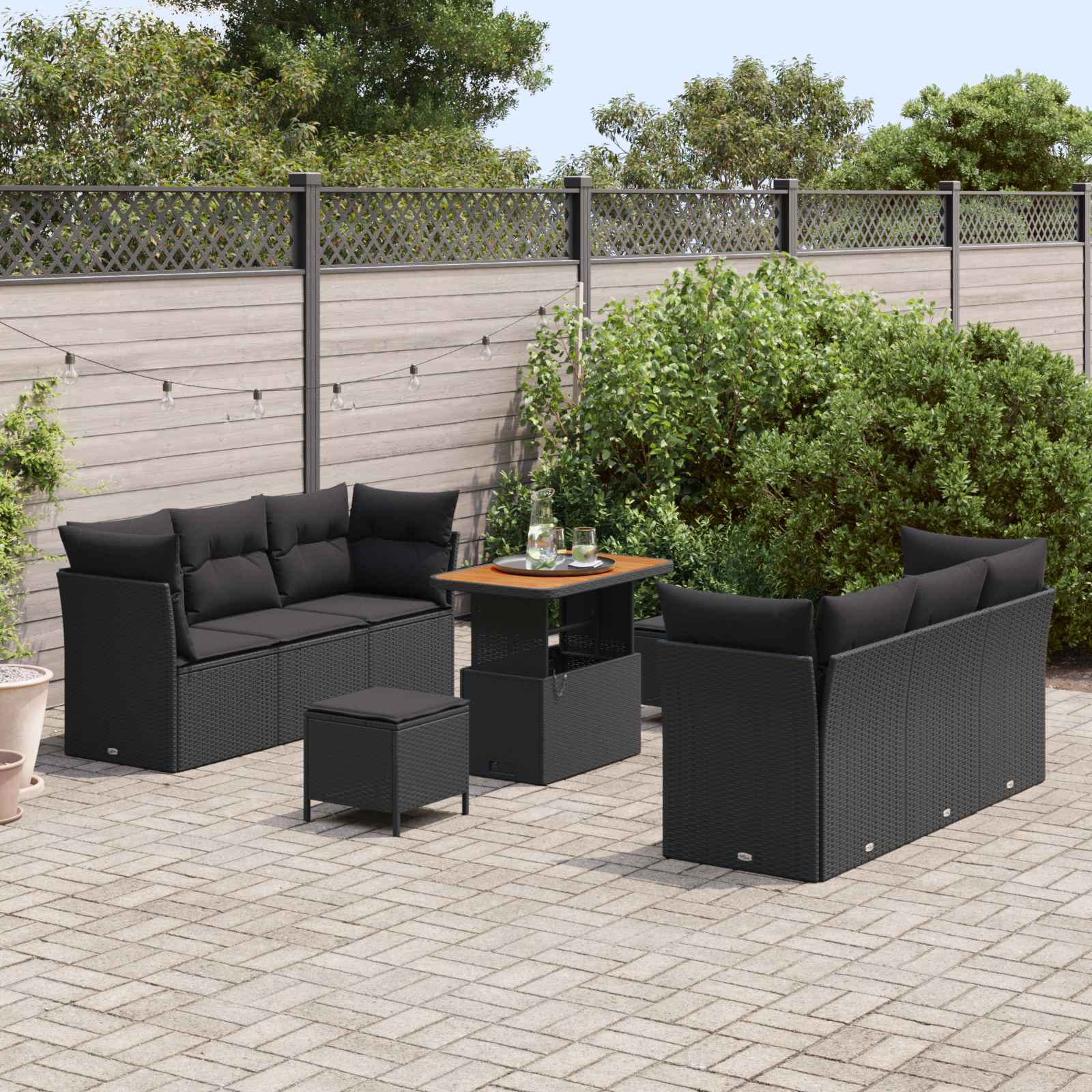 Set Divano da Giardino con cuscino 9 pcs Nero polyrattan | homemem39