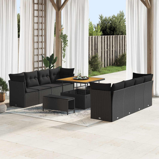 Set Divano da Giardino con cuscino 11 pcs Nero polyrattan