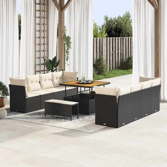 Set Divano da Giardino 11 pcs Nero e Crema polyrattan