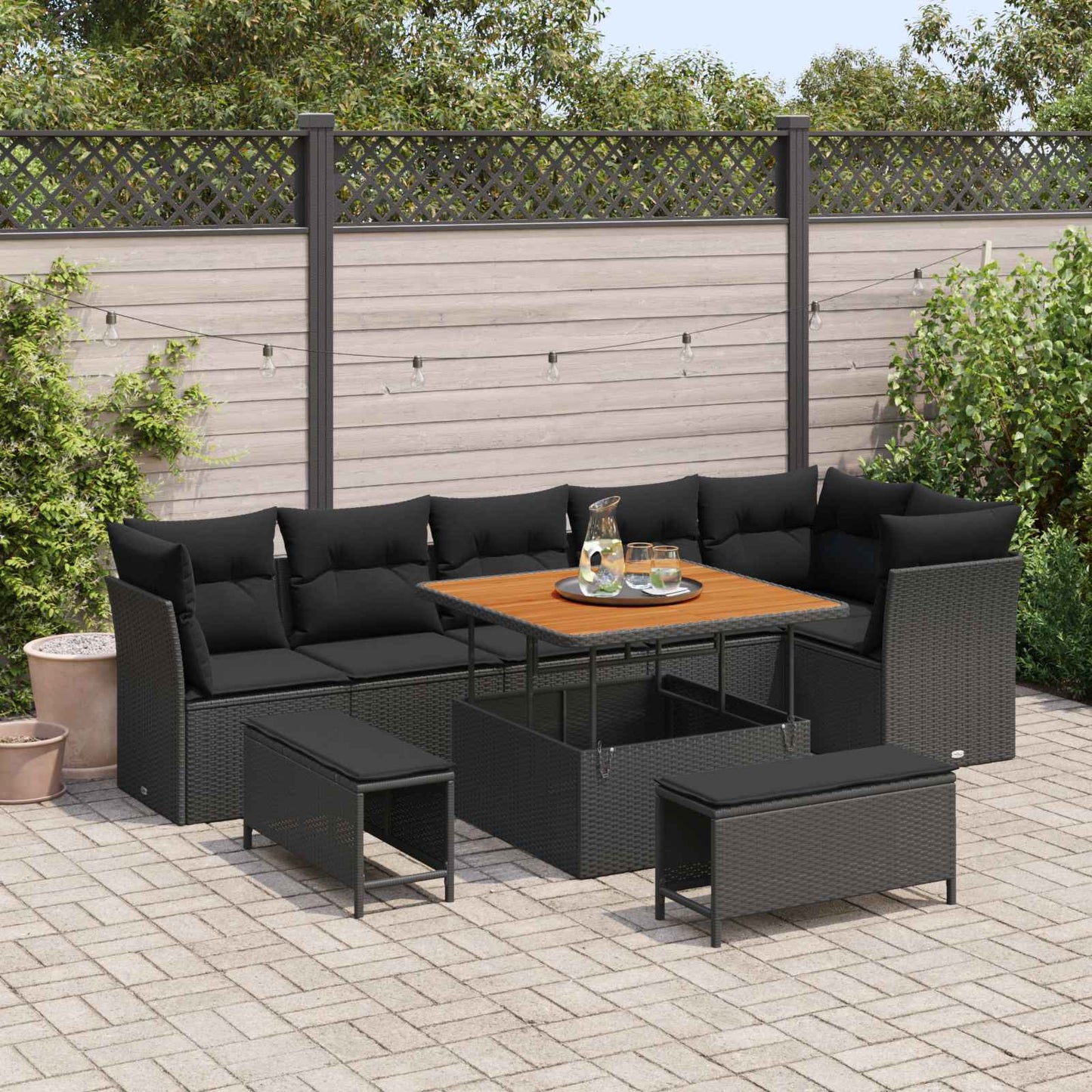 Set Divano da Giardino con cuscino con archiviazione 9 pcs Nero | homemem39