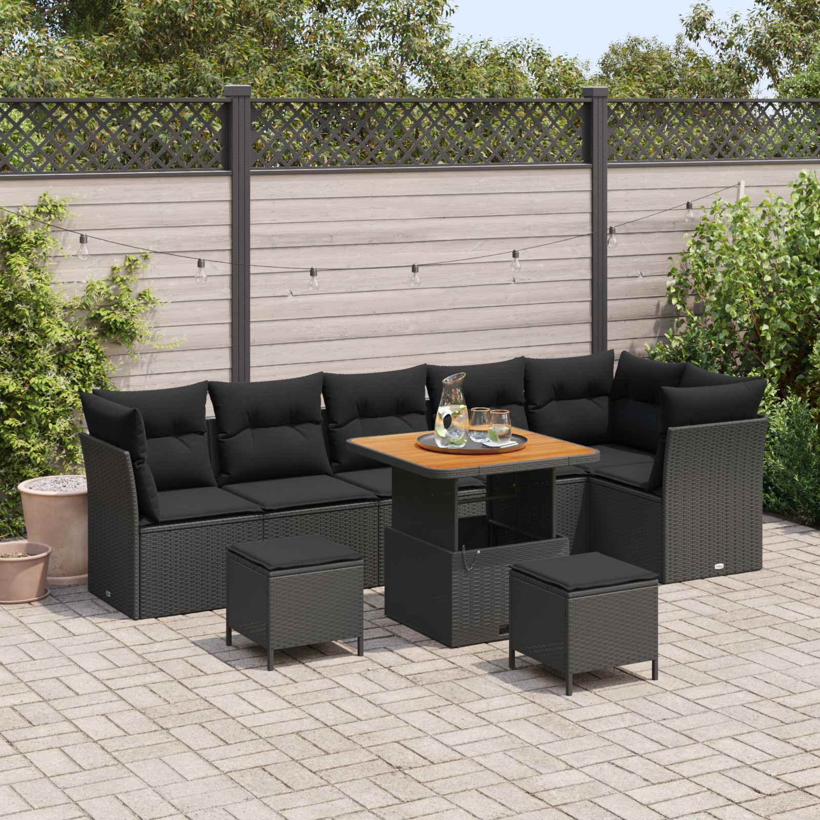 Set Divano da Giardino con cuscino con archiviazione 9 pcs Nero | homemem39