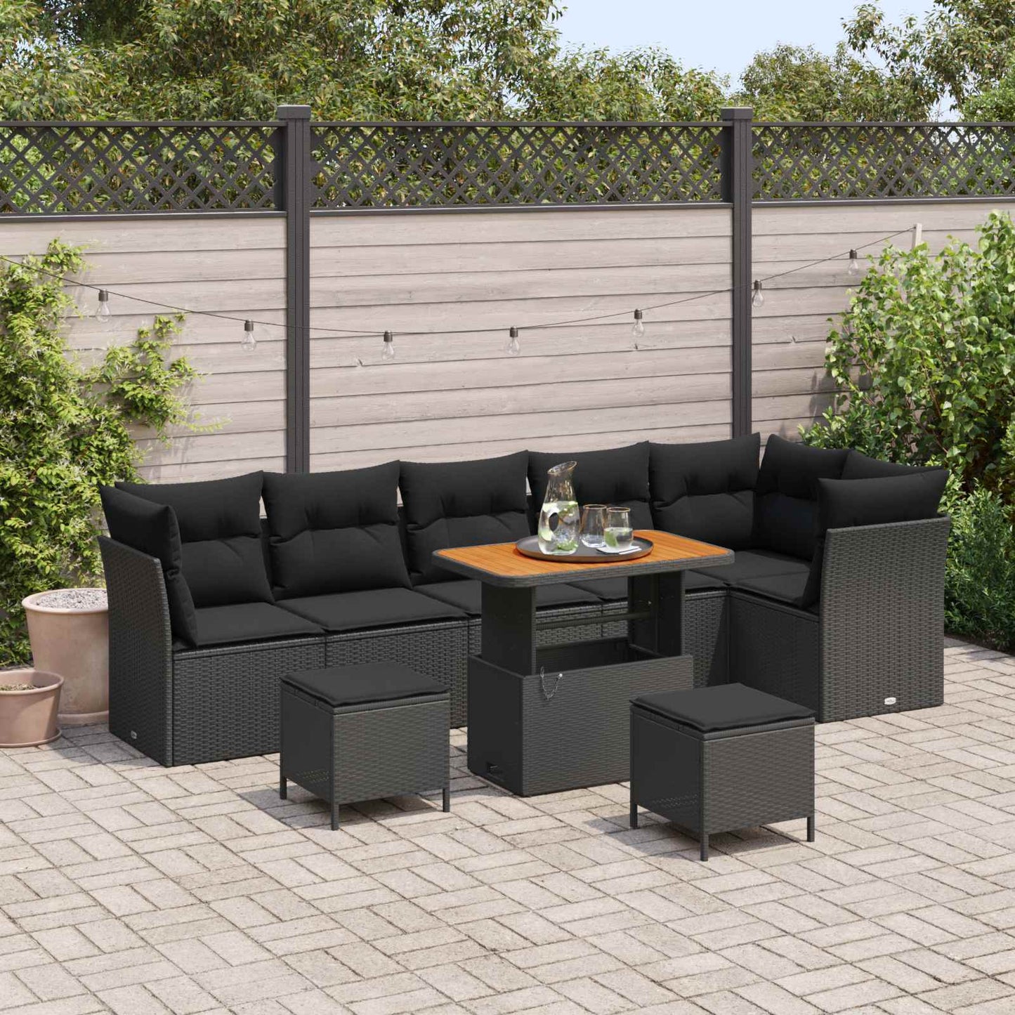 Set Divano da Giardino con cuscino 9 pcs Nero 90 x 55 x 71 cm | homemem39