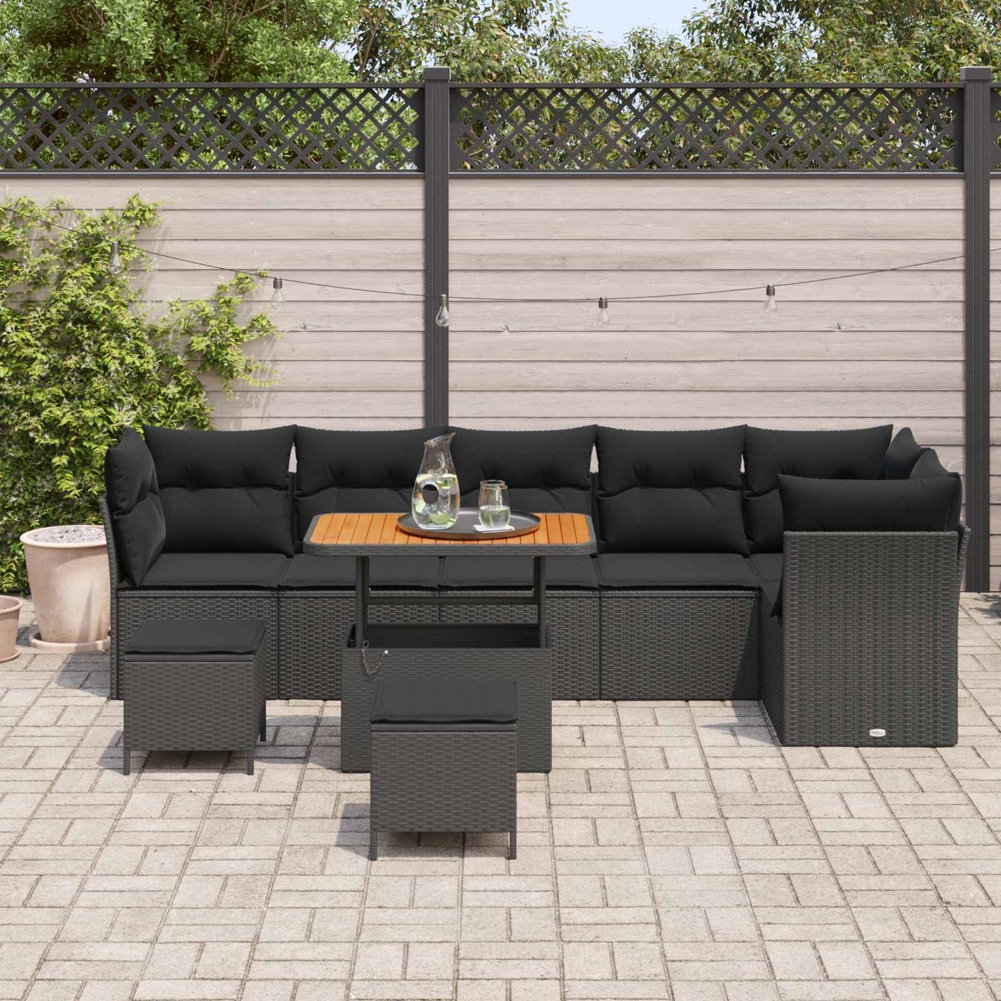 Set Divano da Giardino con cuscino 9 pcs Nero 90 x 55 x 71 cm | homemem39