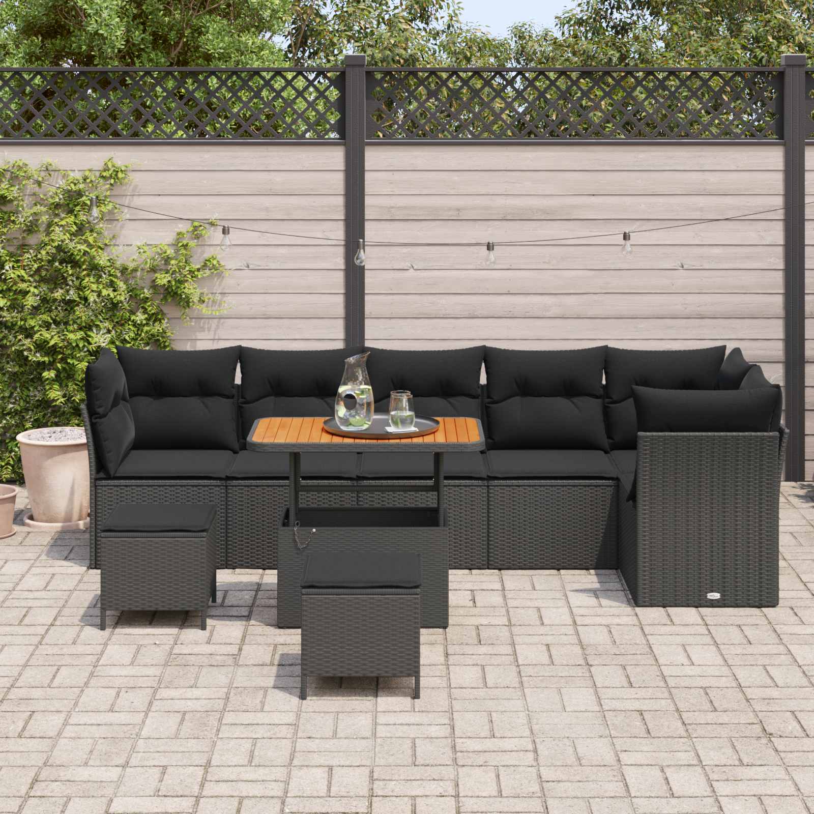 Set Divano da Giardino con cuscino 9 pcs Nero 90 x 55 x 71 cm | homemem39