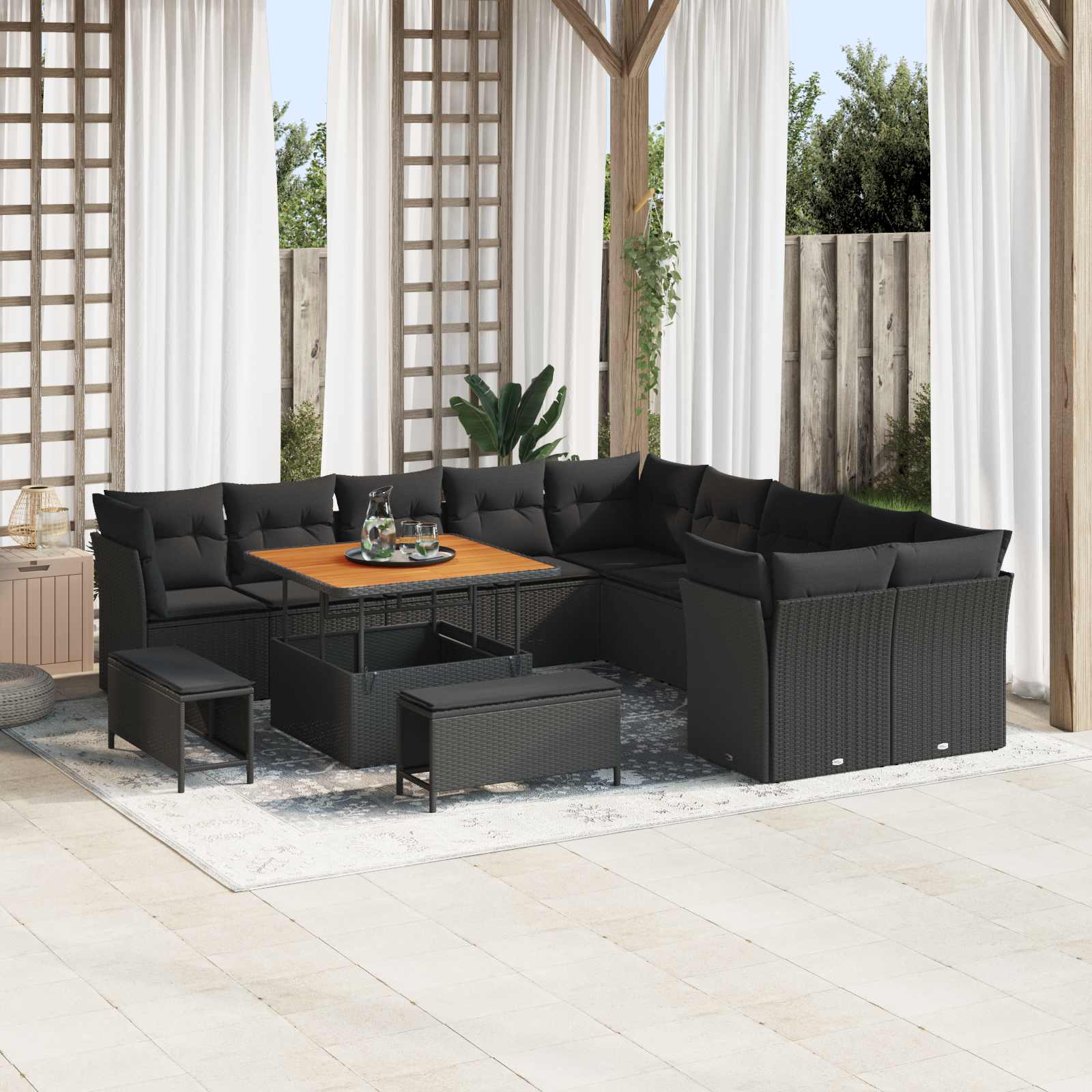 Set Divano da Giardino con cuscino 13 pcs Nero polyrattan | homemem39