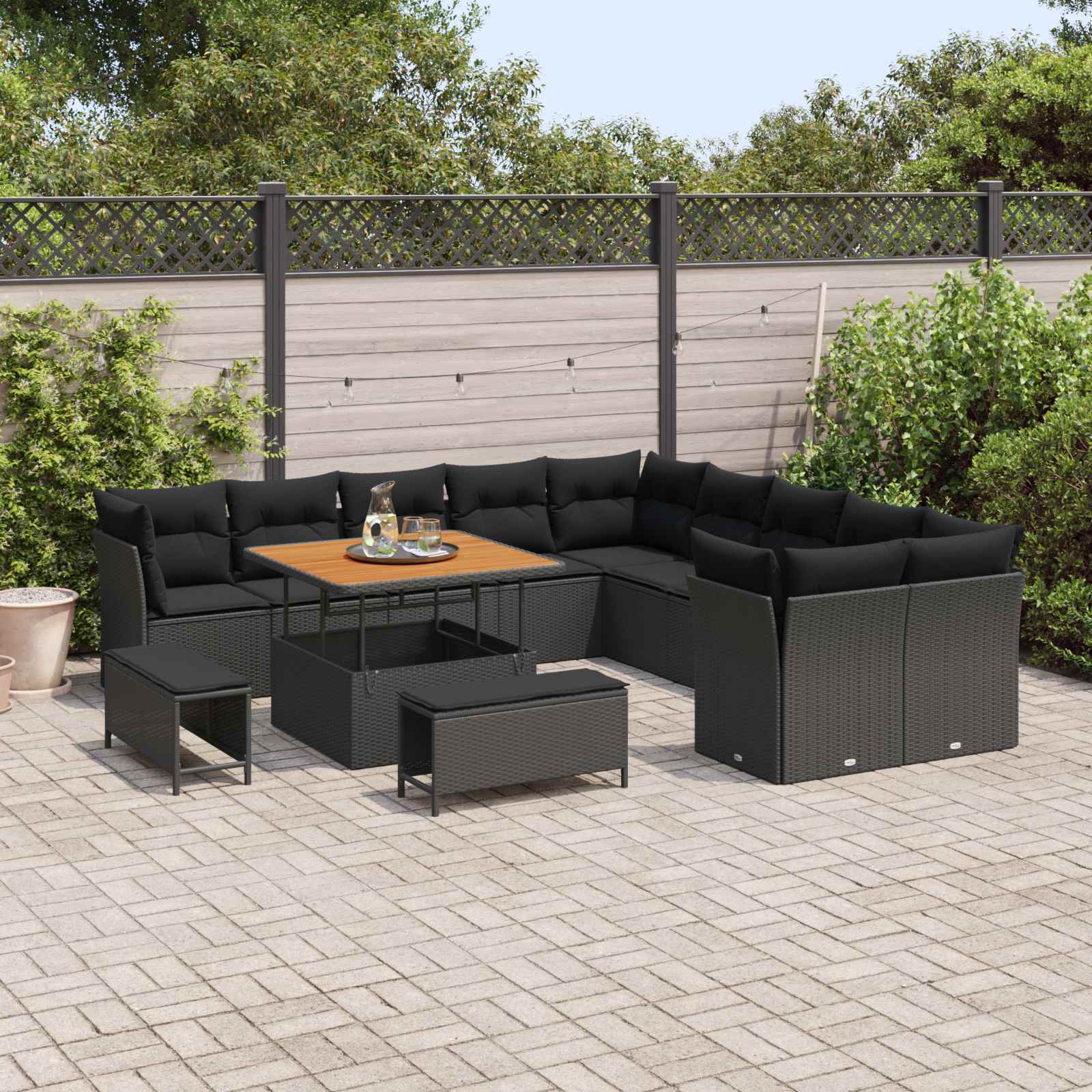 Set Divano da Giardino con cuscino 13 pcs Nero polyrattan | homemem39