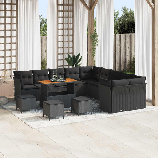 Set Divano da Giardino con cuscino 14 pcs Nero polyrattan