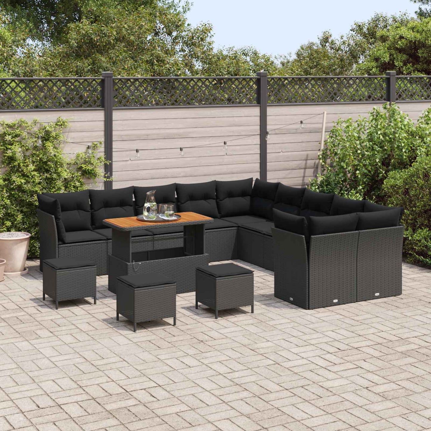 Set Divano da Giardino con cuscino 14 pcs Nero polyrattan | homemem39