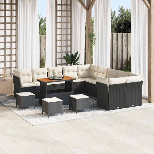 Set Divano da Giardino 14 pcs Nero e Crema polyrattan