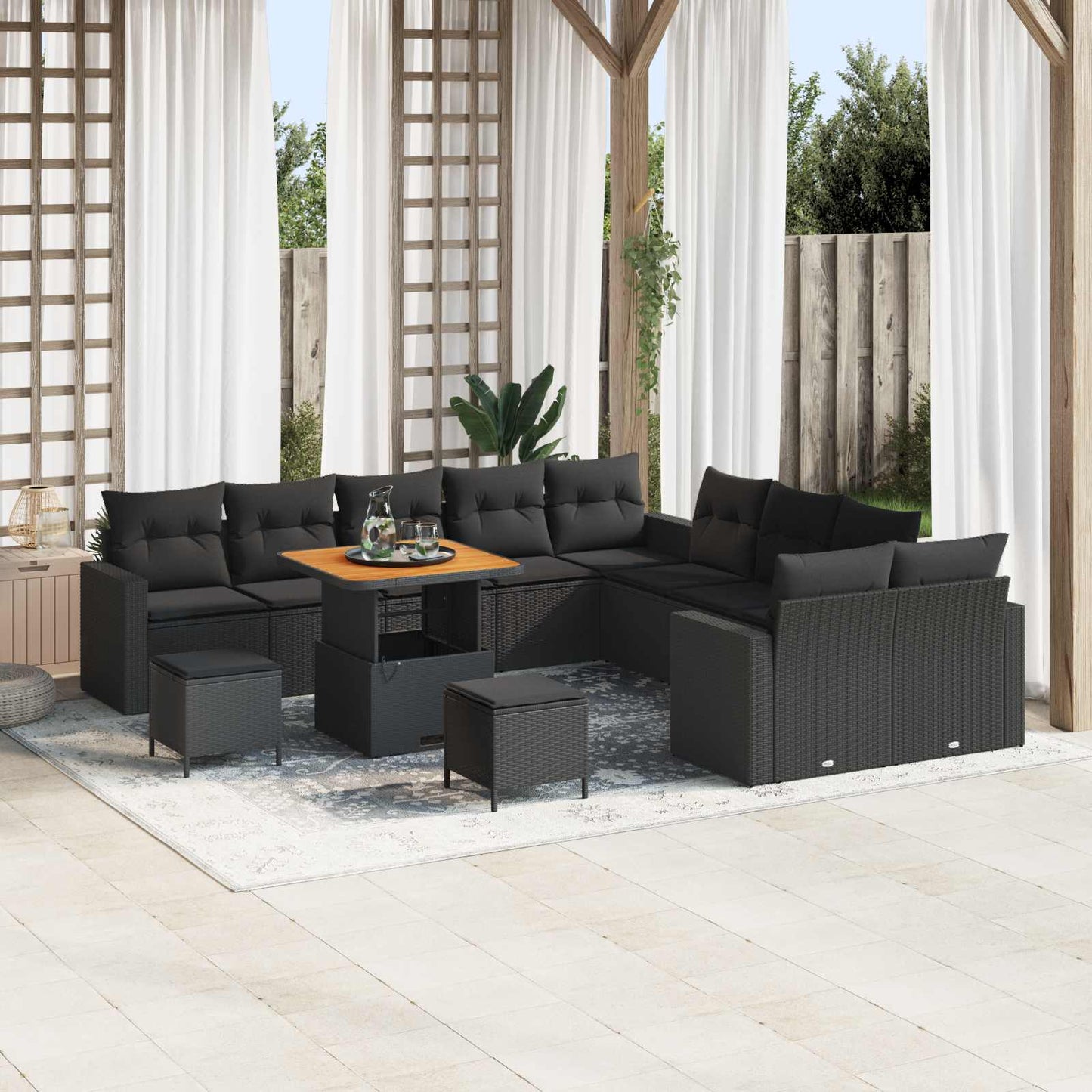Set Divano da Giardino con cuscino 17 pcs Nero polyrattan | homemem39