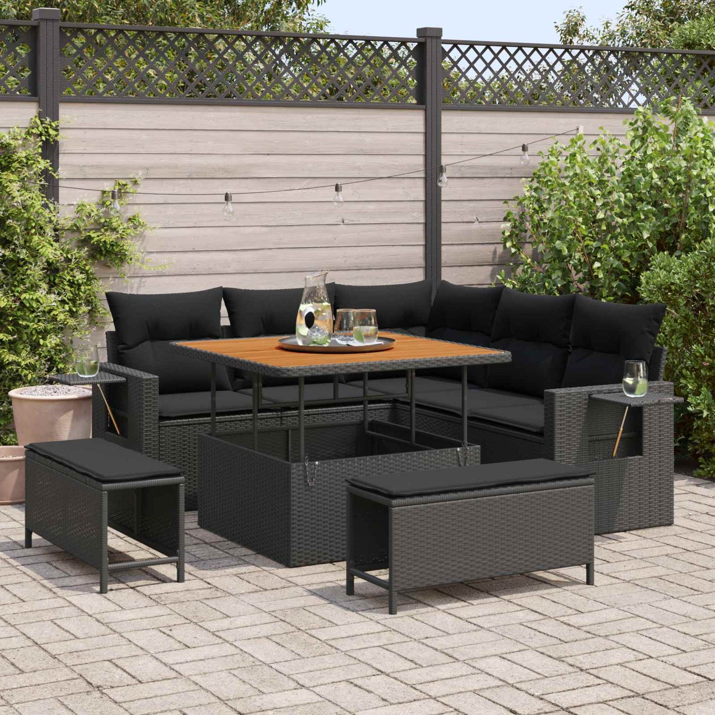 Set Divano da Giardino con cuscino 9 pcs Nero polyrattan | homemem39