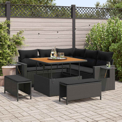 Set Divano da Giardino con cuscino 9 pcs Nero polyrattan | homemem39