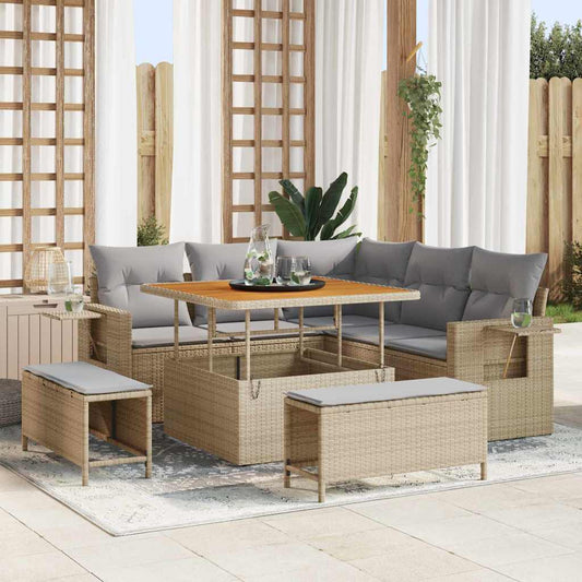 Set Divano da Giardino 9 pcs Beige e Grigio Chiaro polyrattan