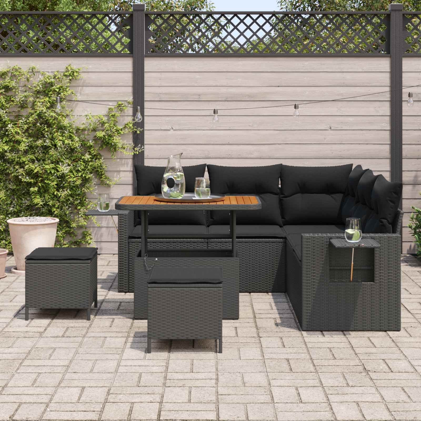Set Divano da Giardino con cuscino 9 pcs Nero polyrattan | homemem39
