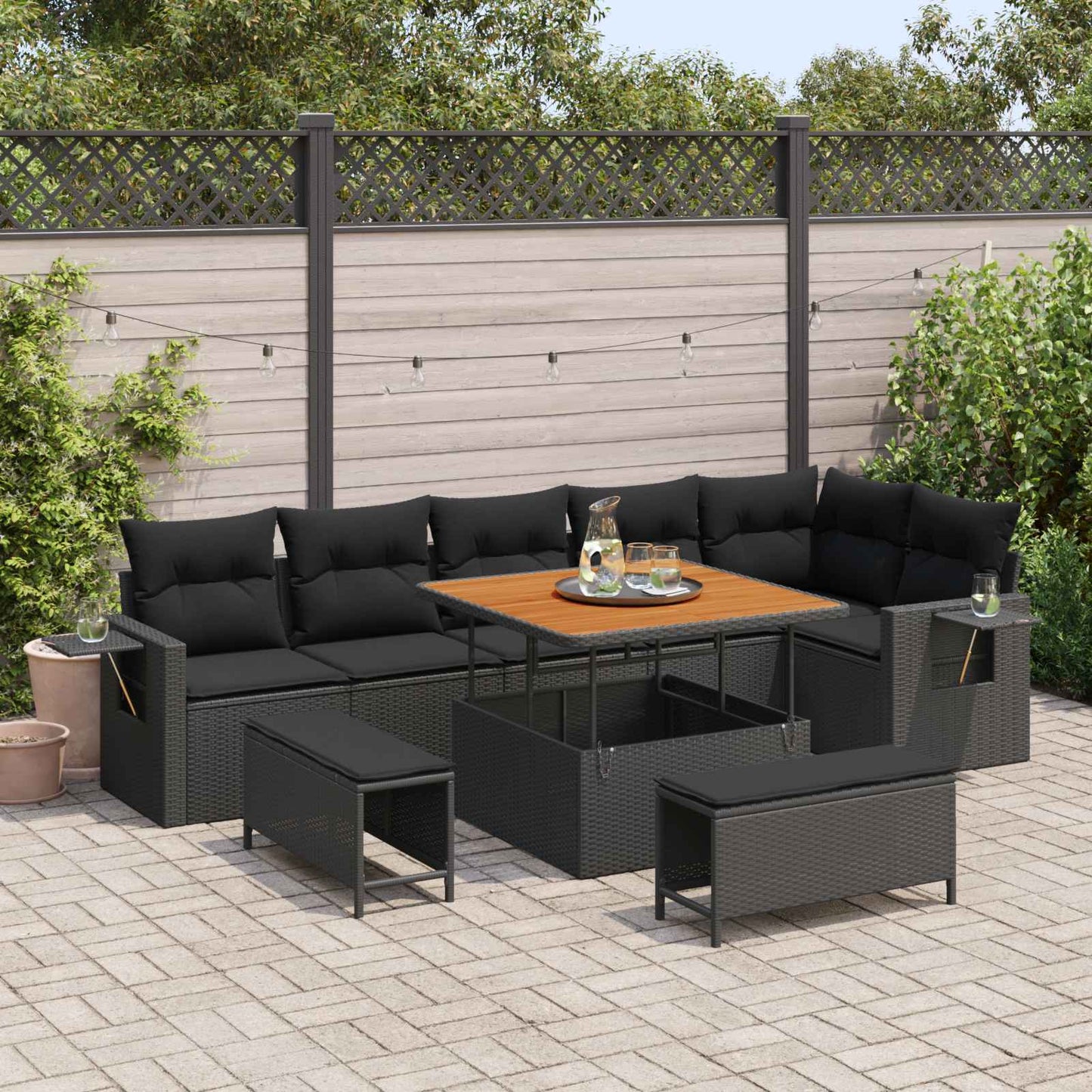 Set Divano da Giardino con cuscino 11 pcs Nero polyrattan
