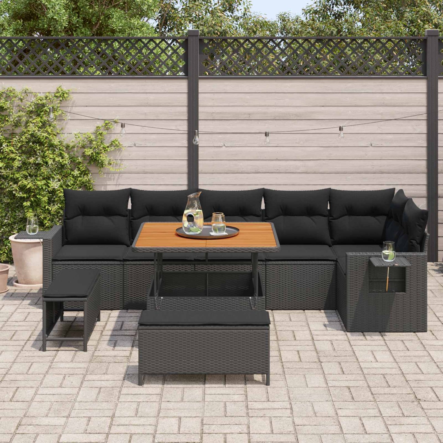 Set Divano da Giardino con cuscino 11 pcs Nero polyrattan