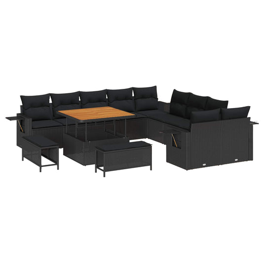 Set Divano da Giardino con cuscino 13 pcs Nero polyrattan