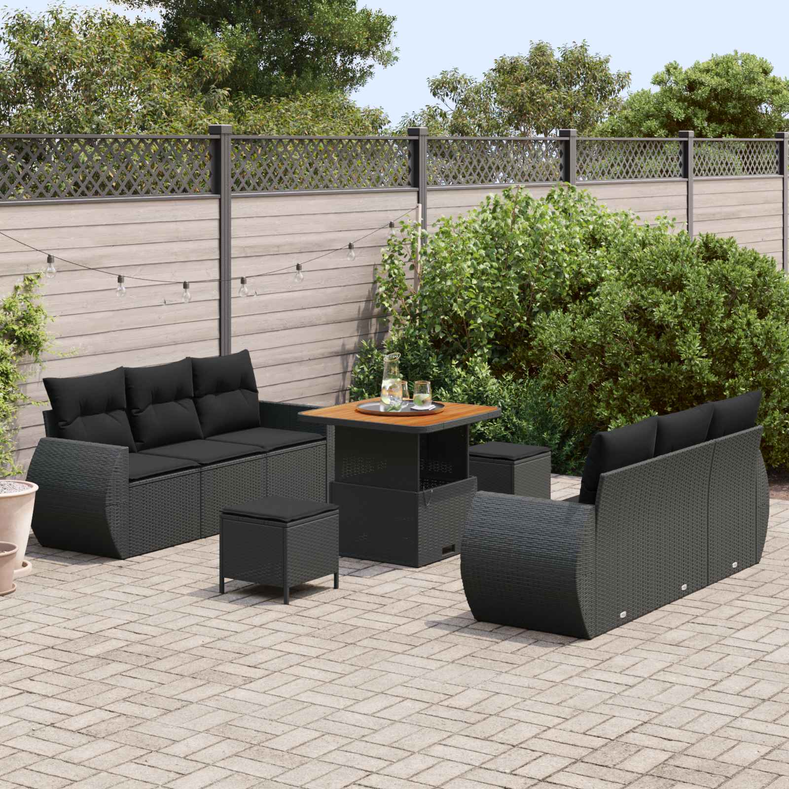 Set Divano da Giardino con cuscino 9 pcs Nero polyrattan | homemem39