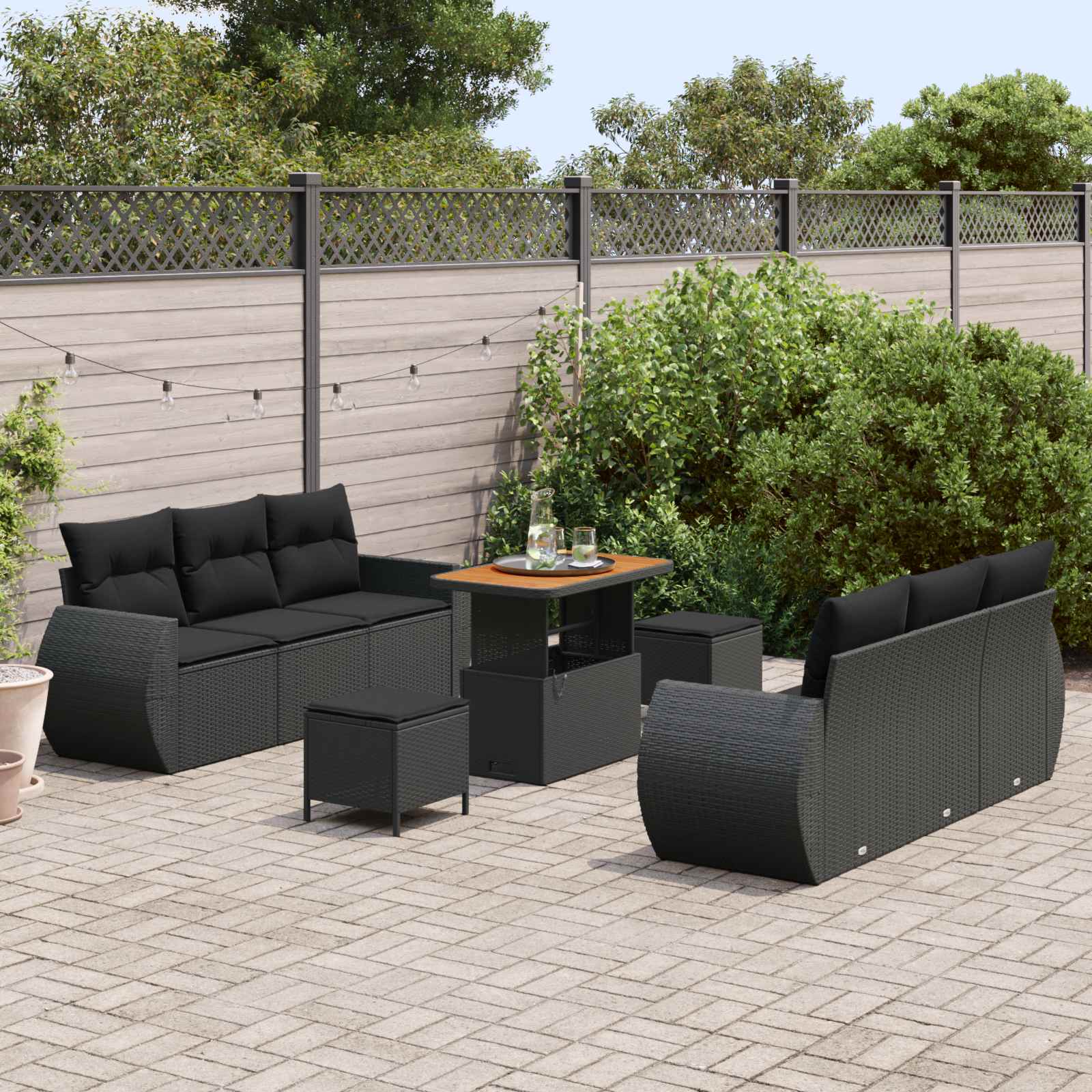 Set Divano da Giardino con cuscino 9 pcs Nero polyrattan | homemem39