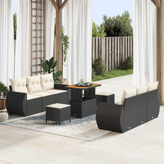 Set Divano da Giardino 9 pcs Nero e Crema polyrattan