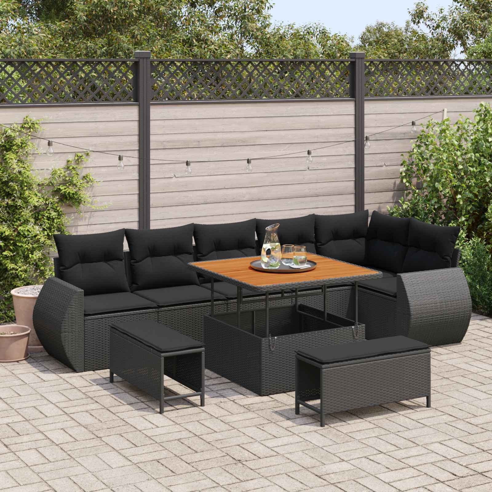 Set Divano da Giardino 9 pcs Nero Rattan in Polipropilene | homemem39