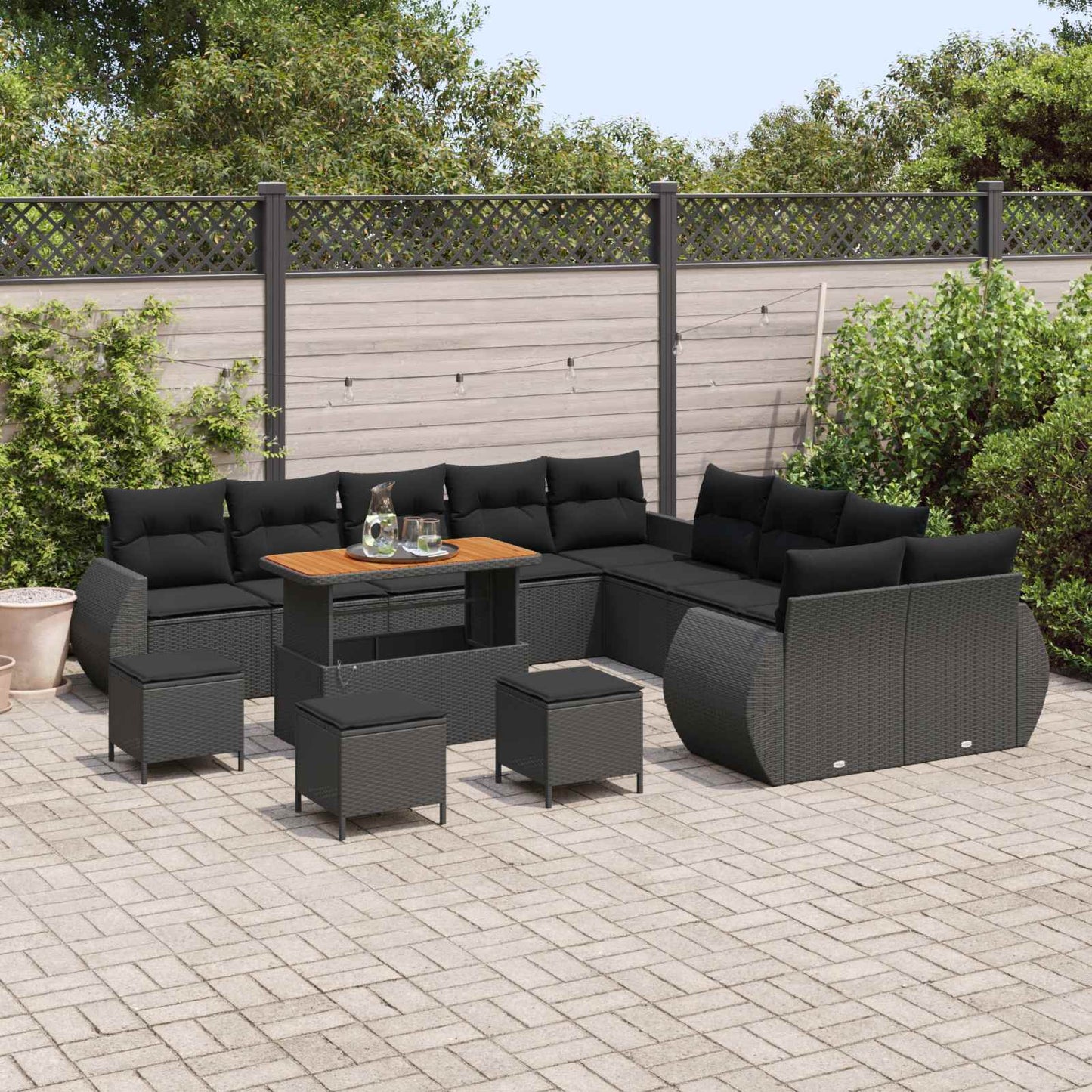 Set Divano da Giardino con cuscino con cuscino 14 pcs Nero | homemem39