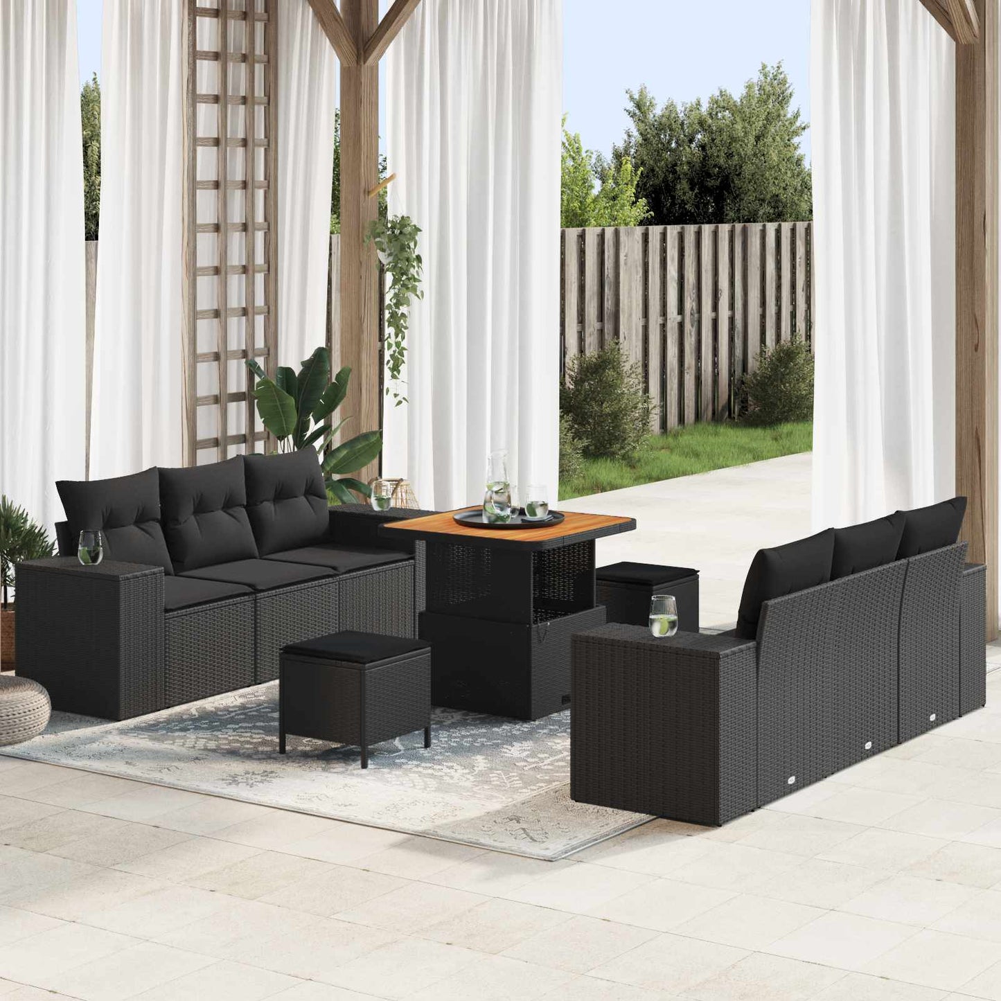 Set Divano da Giardino con cuscino Nero 221 x 204 x 85 cm | homemem39
