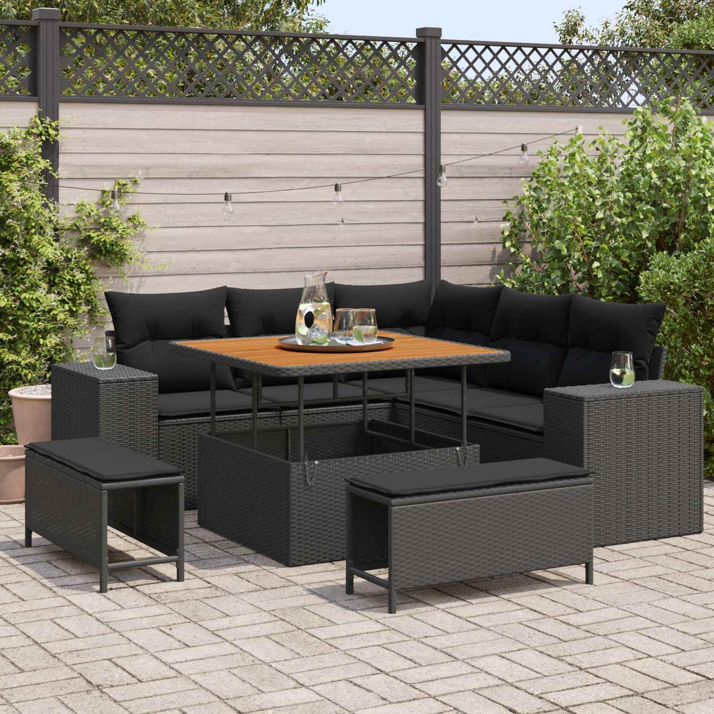Set Divano da Giardino con cuscino 8 pcs Nero polyrattan | homemem39