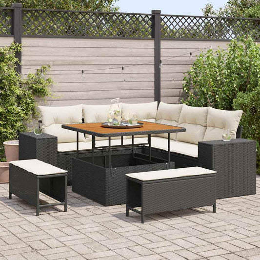 Set Divano da Giardino 8 pcs Nero e Crema polyrattan