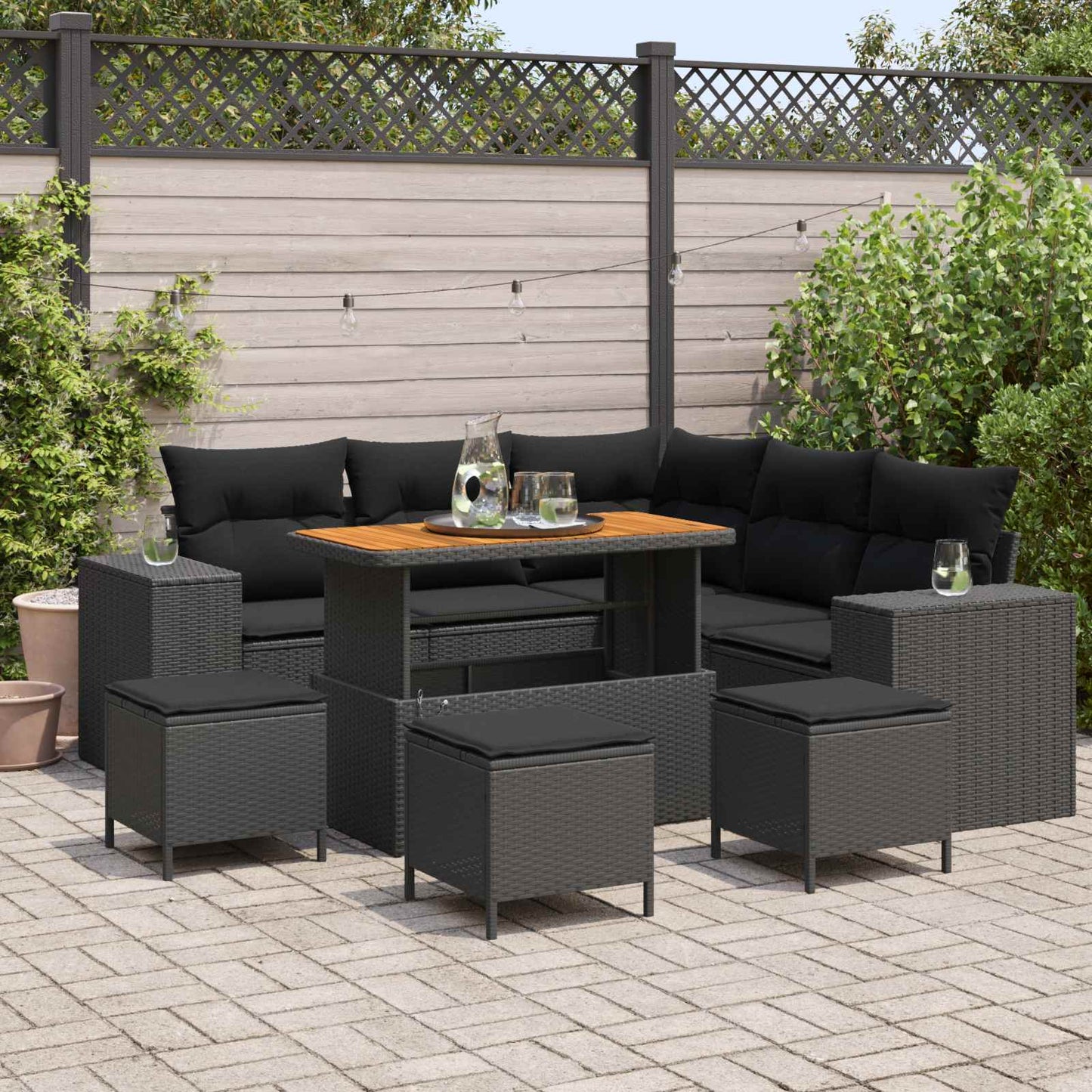 Set Divano da Giardino con cuscino 9 pcs Nero polyrattan | homemem39
