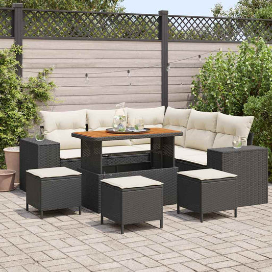 Set Divano da Giardino 9 pcs Nero e Crema polyrattan